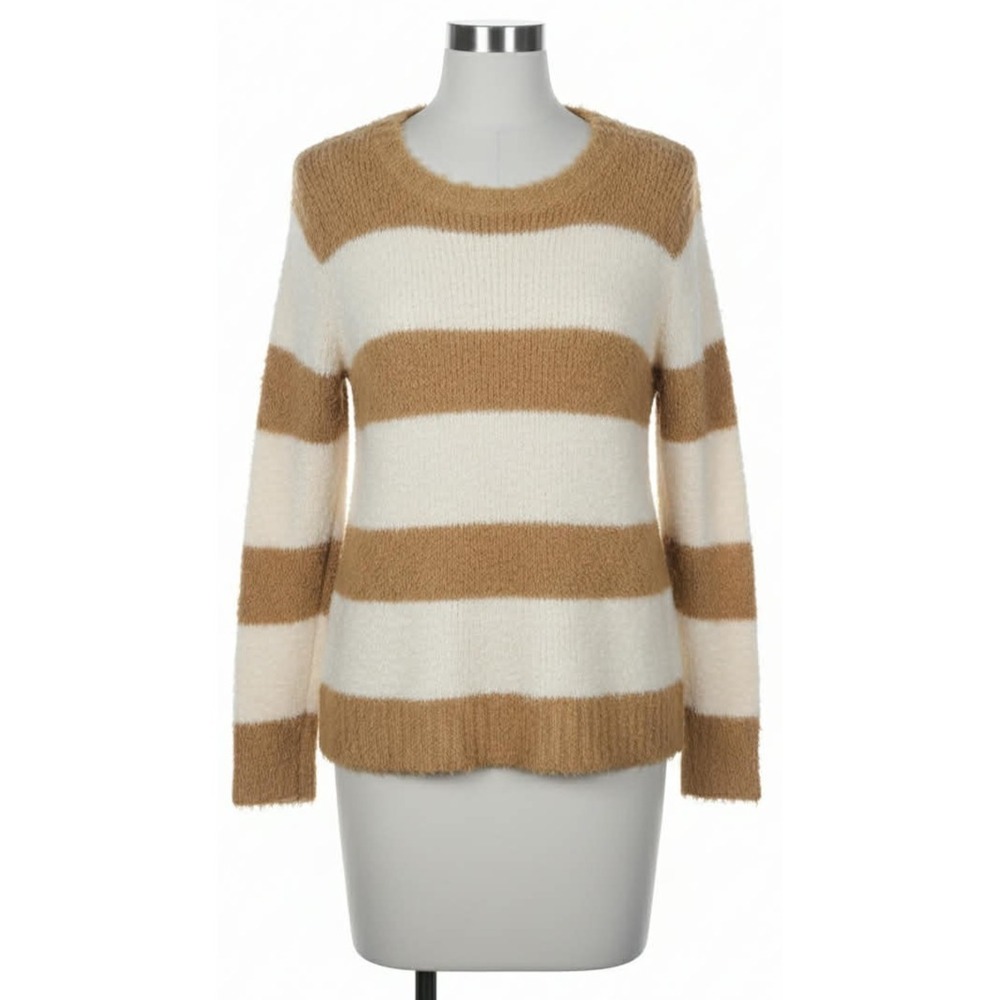 Talbots Size Small Sweater Fuzzy Tan/Ivory Striped Long Sleeve Cotton wool blend